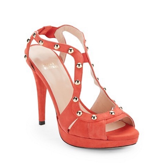 Stuart Weitzman Ratatat Studded Suede Sandals High Heels Orange Red Size 10 - Picture 1 of 10